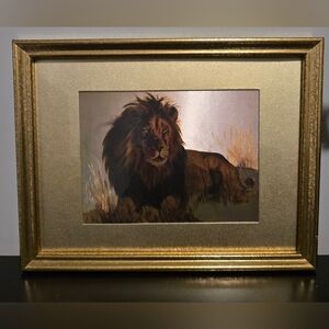 VINTAGE CAROLE HOSS "Pride Leader" LION GOLD FOIL ART EMBOSSED 10X12 Gold Frame